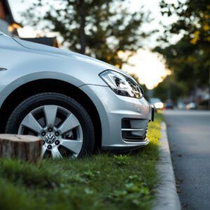 Auto fährt auf Grünstreifen mit sichtbarem Baumstumpf zwischen Bäumen