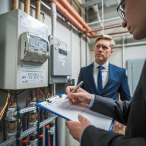 Energieversorger-Mitarbeiter dokumentiert hohe Stromzähler-Werte im Gewerbegebäude