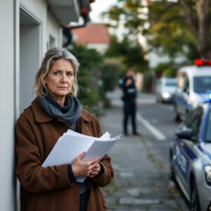 Frau in der Tür mit Dokumenten, Polizei in Uniform spricht ins Radio, ruhige Straße in Deutschland.