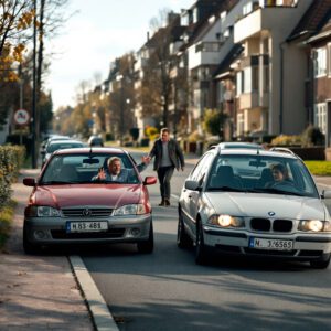 Zwei Autos an einer T-Kreuzung in einem Wohngebiet nach einem Konflikt, Fahrer und Fahrerin diskutieren.