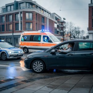 Rettungswagen und PKW kreuzen sich an einer Stadtstraße, kurz vor einem Unfall, bei bewölktem Wetter.