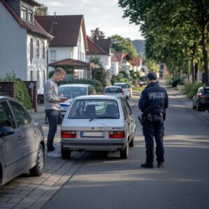 Mann mit Smartphone und Klemmbrett untersucht einen kleinen Verkehrsunfall auf einer ruhigen deutschen Wohnstraße.