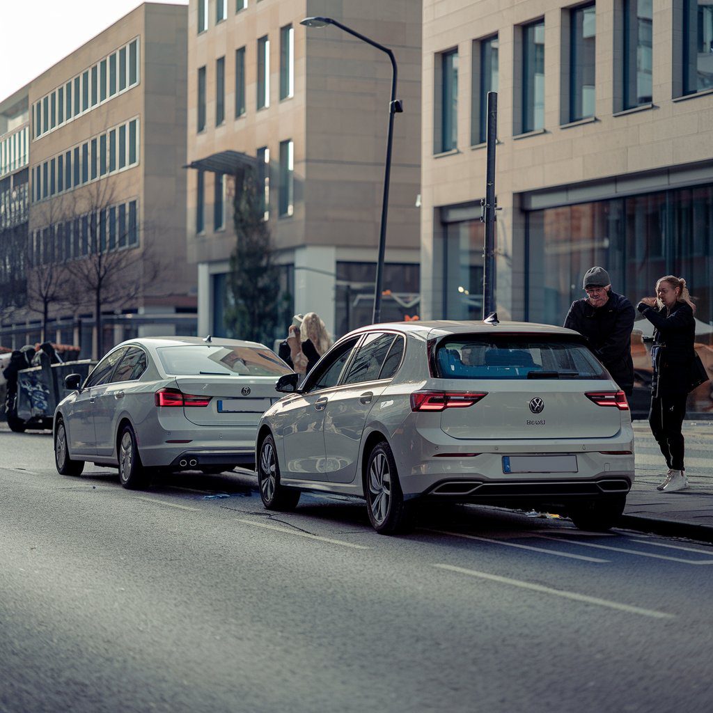Weißer Volkswagen Golf kollidiert mit silbernem BMW 3er auf einer geschäftigen Straße in Düsseldorf.
