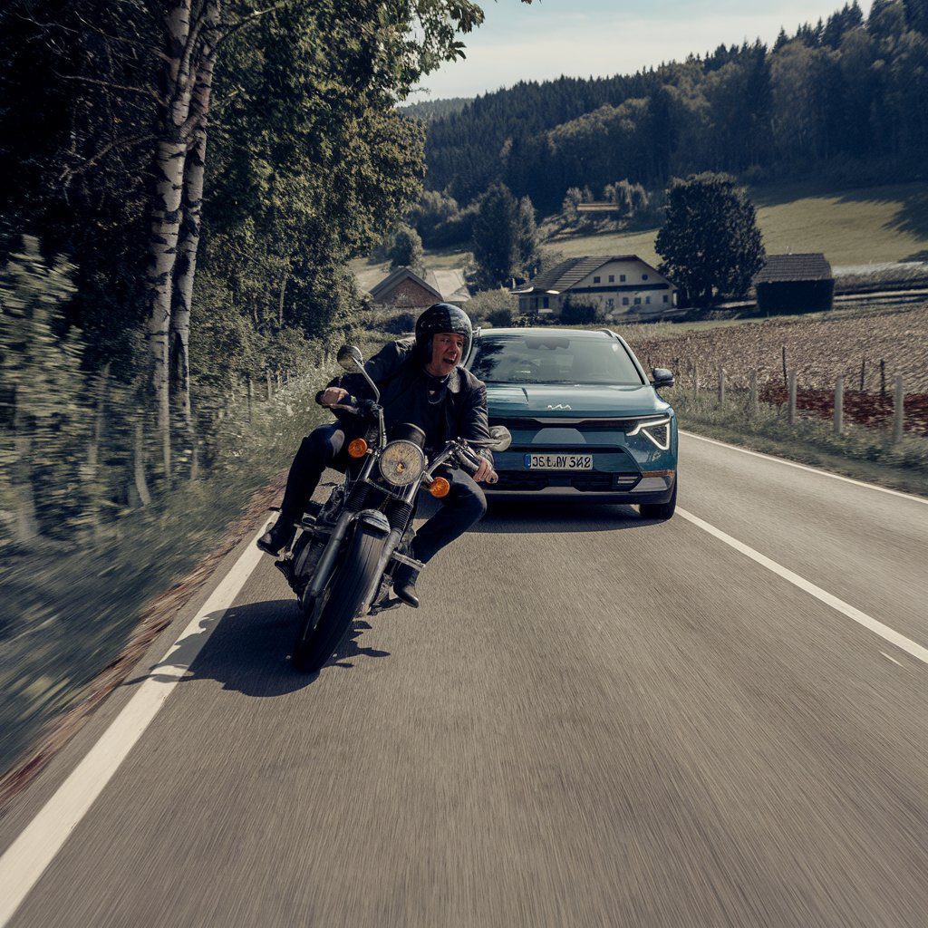Kia-Fahrzeug überholt riskant zwei Motorräder auf einer ländlichen deutschen Straße, nahe der Mittellinie.