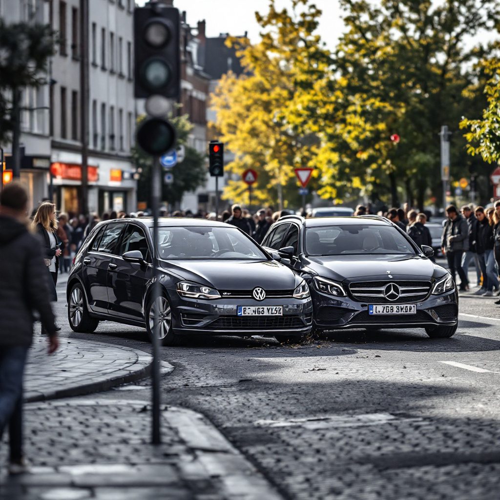 Zwei Fahrzeuge kollidieren auf einer belebten deutschen Straße, während Passanten überrascht stehen bleiben.