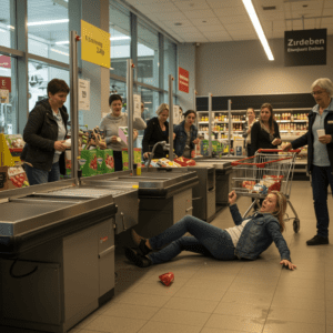 Frau fällt im Supermarkt an der Kasse, Reaktionen anderer Käufer und eines Mitarbeiters sind sichtbar.