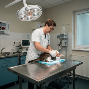 Tierarzt behandelt eine gestresste Katze in einem modernen Untersuchungsraum ohne Einwilligung des Besitzers.