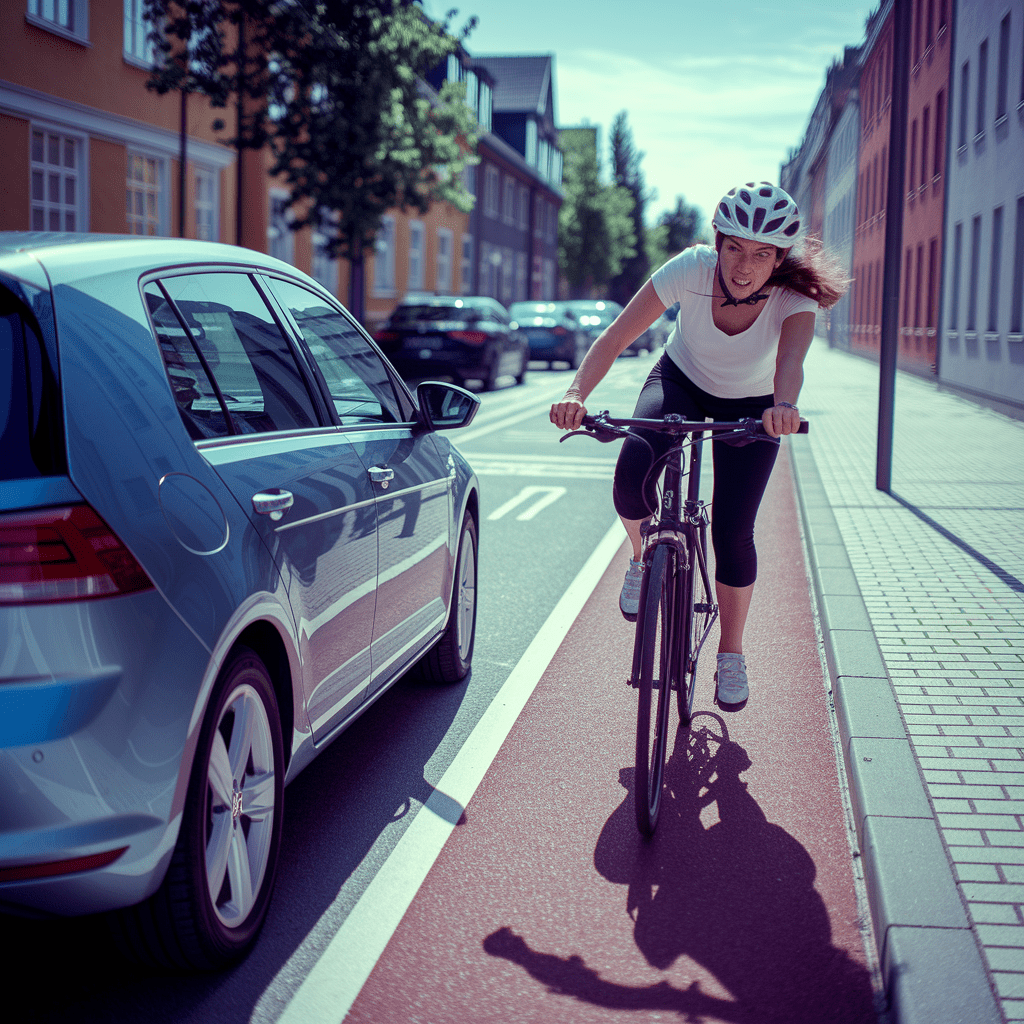 Auto überholt Fahrradfahrerin auf Radweg in Magdeburg; gefährliche Annäherung, sichtbare Besorgnis der Radfahrerin.