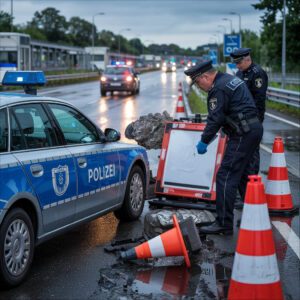 Polizeifahrzeug vor ungesicherter Baustelle auf regennasser Autobahn, dokumentiert die Verkehrssicherung an einem Rasthof.