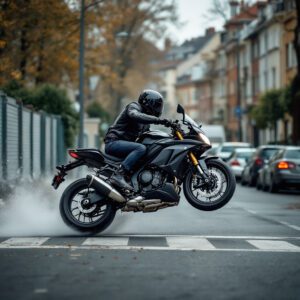 Motorradfahrer auf Sportbike bei Überfahrt einer schlechten Fahrbahnschwelle in Stadt, Vorderreifen hebt ab, Stoß am Hauptständer.