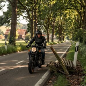 Motorradfahrer weicht Zaun aus. Ausweichmanöver, Verkehrssicherheit, Unfallrisiko, Haftungsfrage.