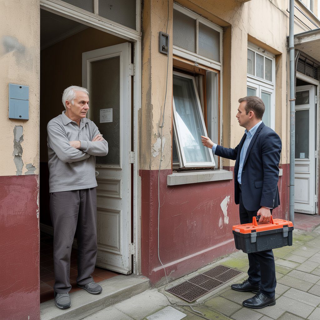 Älterer Mieter verweigert Zugang zum abgenutzten Wohnungstür, Vermieter mit Werkzeugbox bei Reparatur