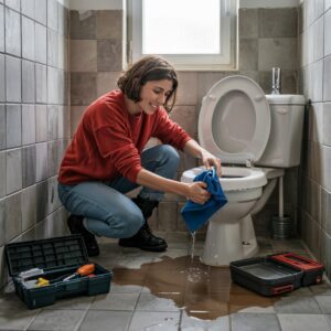 Junge Frau repariert mit Handtuch eine überlaufende Toilette im Badezimmer, Wasser spritzt auf Fliesen, Defekt, Mietwohnung.