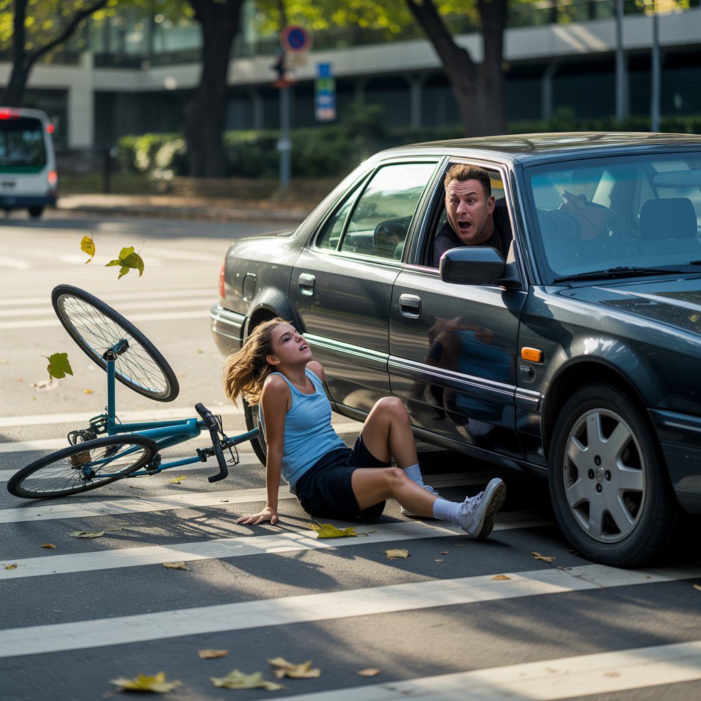Unfall bei Querungshilfe: Radfahrerin wird von dunklem Auto erfasst, Szene mit Dynamik und Schatten.