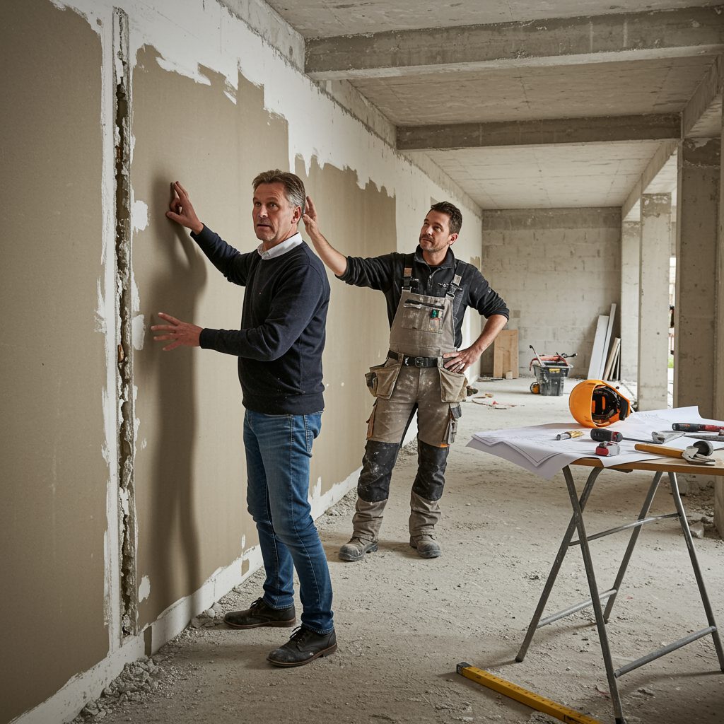 Bauherr zeigt auf Risse in verputzter Wand auf Baustelle, Bauleiter blickt abgewandt