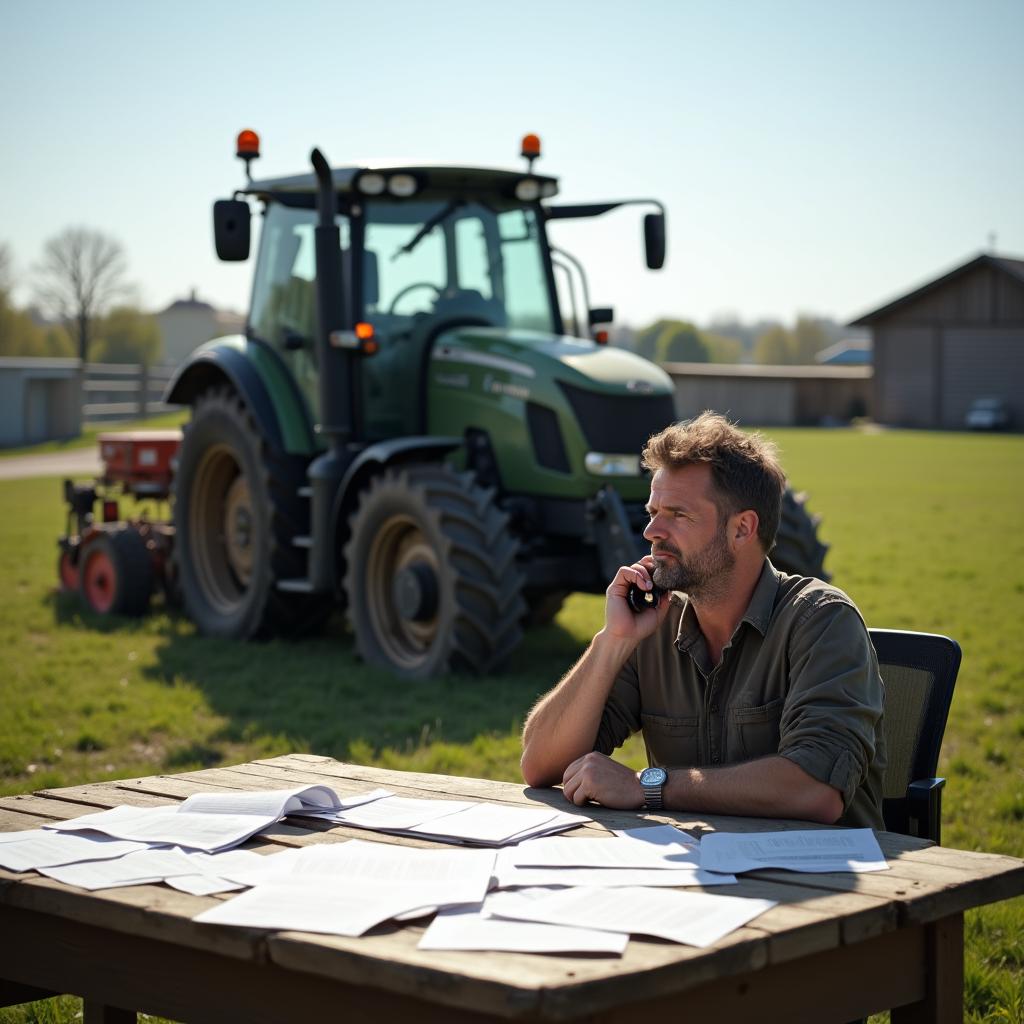 Mann am Tisch prüft Kostenvoranschläge neben kaputtgemachten Traktor auf landwirtschaftlichem Hof