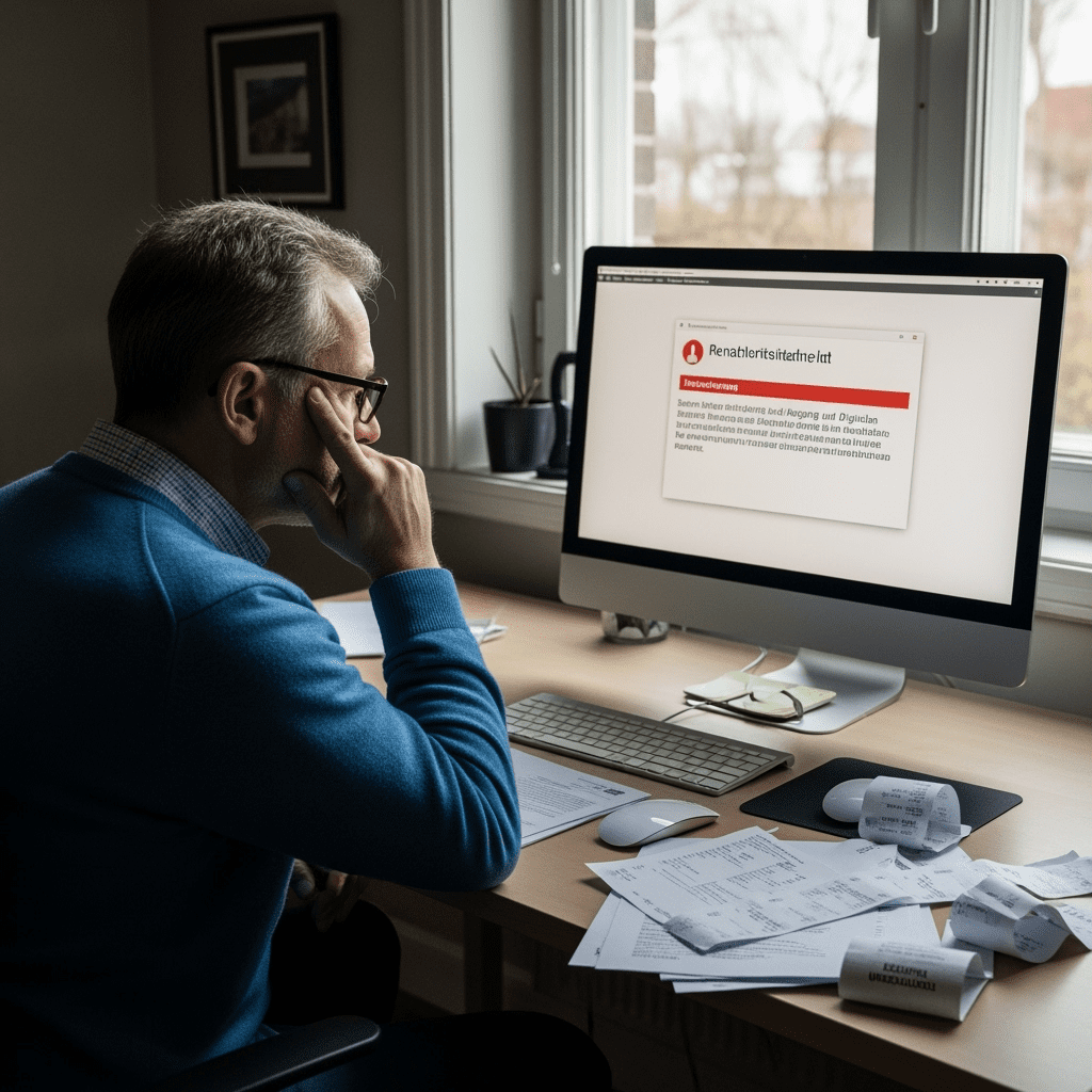 Mann frustriert vor Computer mit Fehlermeldung bei Digitale Zugang beantragen