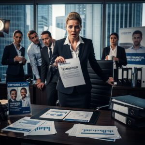 Frau hält Kündigungsschreiben in der Hand und steht vor mehreren Personen in einem Büro. Die Szene spielt im Kontext einer außerordentlichen Kündigung eines Handelsvertretervertrags.