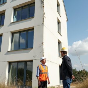 Zwei Bauingenieure prüfen Fassadenriss zur Klärung der Gerichtsstand Bestimmung bei Bauprojektmängeln.