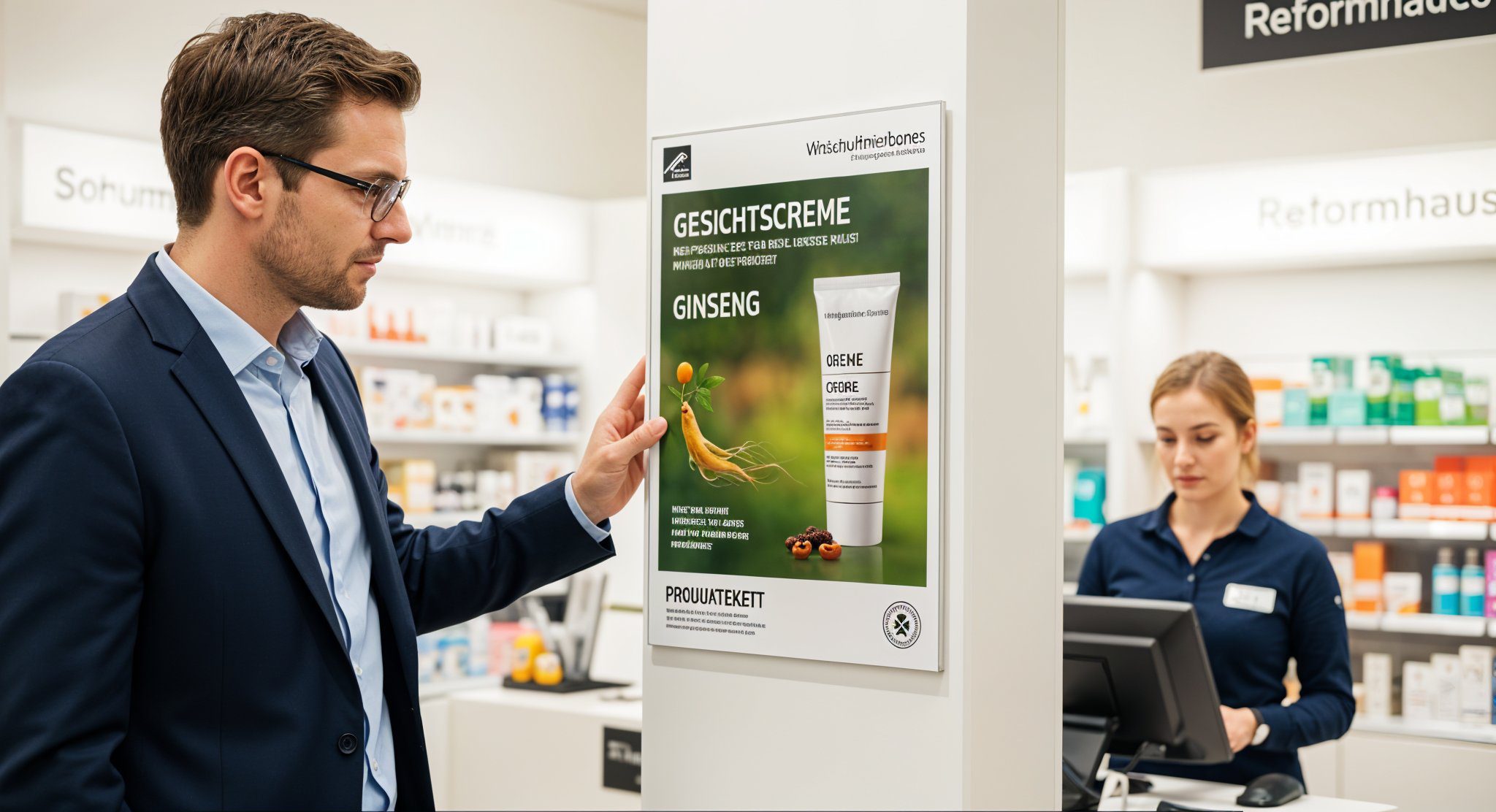 Mann betrachtet irreführende Kosmetikwerbung mit Ginseng, während die Frau an der Kasse arbeitet; EU-Rechtsprüfung notwendig.