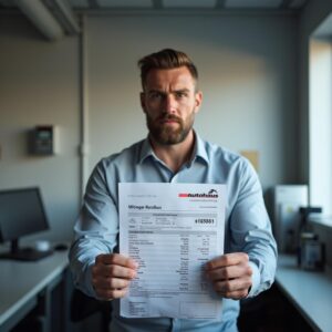 Ein Mann im Büro prüft ein Dokument mit Autohaus-Logo, welches eine Zählerprüfung für verdächtigen Gasverbrauch beschreibt.