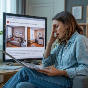 Eine Bewohnerin stützt sich mit der Hand an die Stirn und blickt fassungslos auf den Computermonitor, der unautorisiert veröffentlichte Fotos ihrer Privatwohnung zeigt.