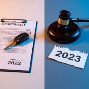 Ein Autokaufvertrag samt Schlüssel liegt im Bild, während ein Auktionshammer und das Kalenderblatt für 2023 den massiven Lieferverzug eines Neufahrzeugs und den Schadensersatzanspruch aufgrund entgangener Prämien beleuchten.