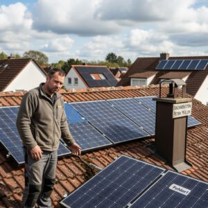 Ein Hausbesitzer steht auf dem Dach und begutachtet die installierte Photovoltaikanlage, deren Solarspeicher vom Hersteller heimlich gedrosselt wurde und nun als mangelhaft gilt.
