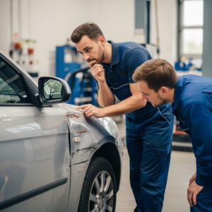 Kfz-Sachverständige begutachten konzentriert den Unfallschaden an einem Pkw, dessen Sachverständigenkosten zum Streitfall um die Erstattung durch die Versicherung wurden.
