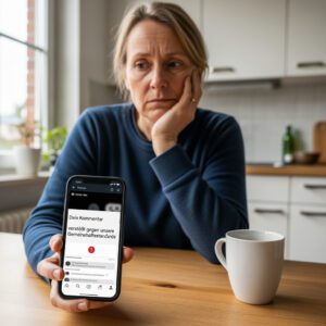 Eine Nutzerin analysiert die Abmahnung wegen Verstoßes gegen Community Standards, die eine drohende Kontosperrung ankündigt.