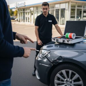 Ein Sachverständiger dokumentiert den Schaden, dessen Gutachterkosten nun im Regressprozess wegen unberechtigter Klage verhandelt werden.