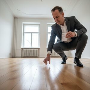 Ein Vertreter kniet nieder und berührt prüfend die makellosen, frisch geschliffenen Holzdielen.