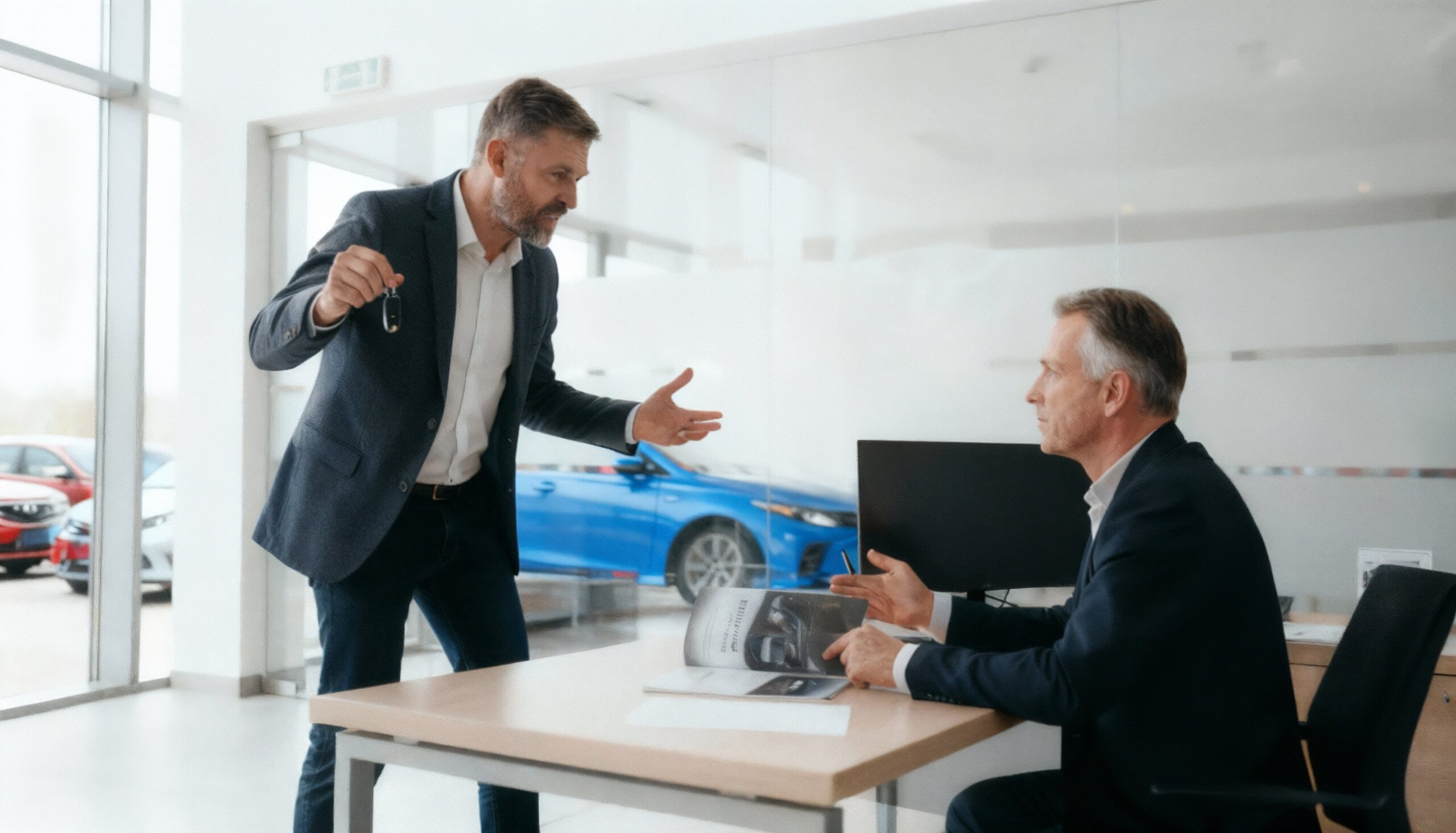 Frustrierter Autokäufer diskutiert in einem Autohaus mit einem abweisenden Verkäufer über einen Mangel am Fahrzeug.