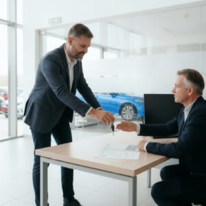 Ein Autokäufer gibt einem Autohändler widerwillig den Autoschlüssel über einen Schreibtisch zurück, im Hintergrund steht das Auto.