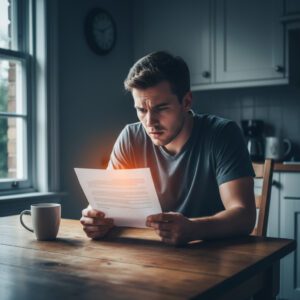 Ein junger Mann sitzt an seinem Küchentisch und liest sichtlich überfordert ein Anwaltsschreiben wegen seiner negativen Bewertung.