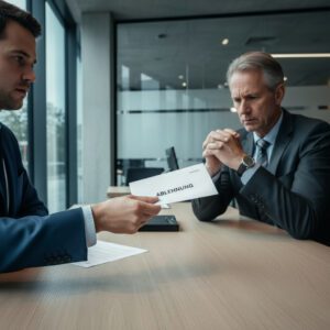 Ein Bankmitarbeiter schiebt ein Ablehnungsdokument über den Tisch, neben einem riesigen, unordentlichen Stapel an Akten.