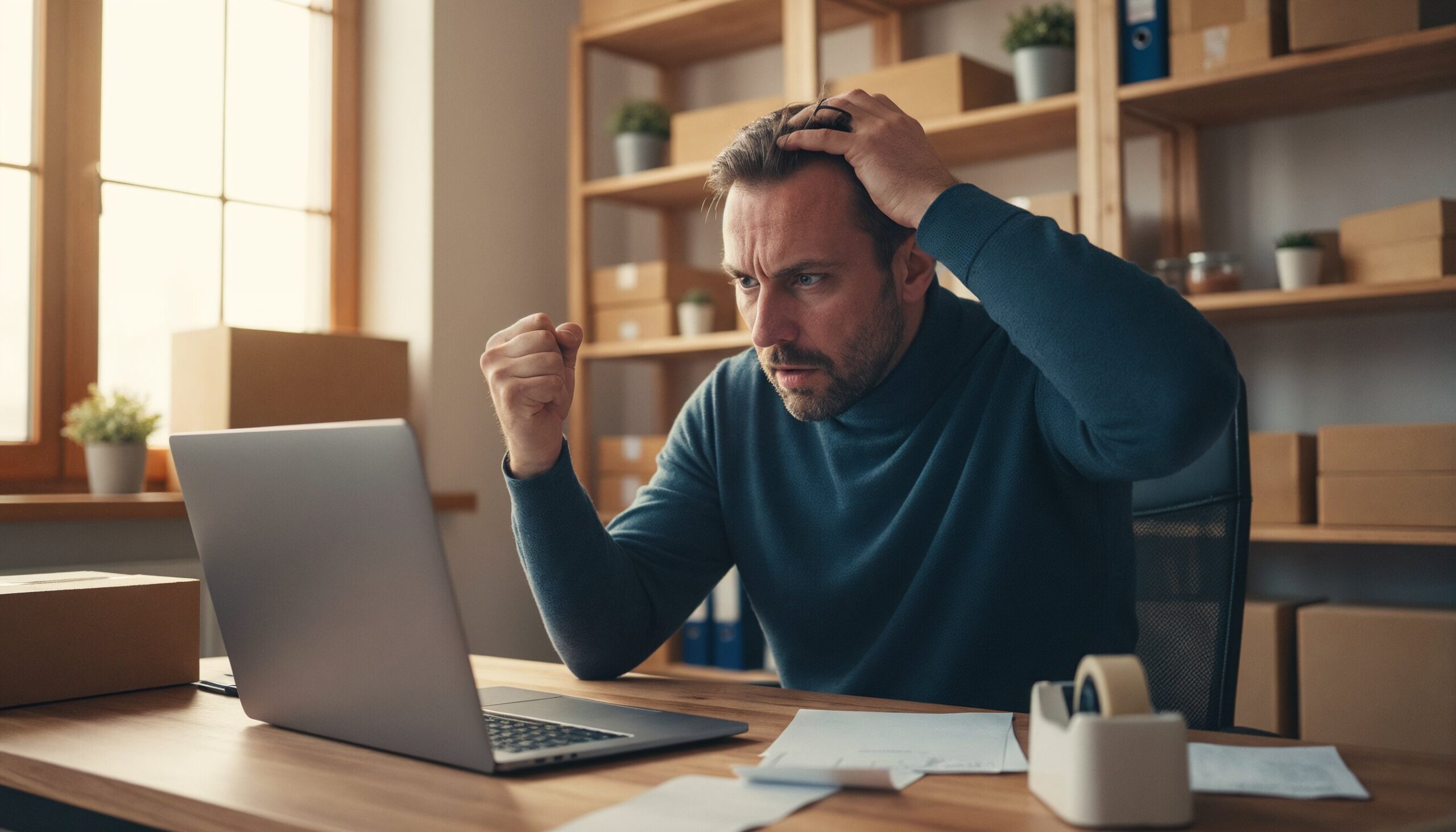 Ein schockierter Online-Händler in seinem Heimbüro starrt ungläubig auf eine negative Bewertung auf seinem Laptop-Bildschirm.