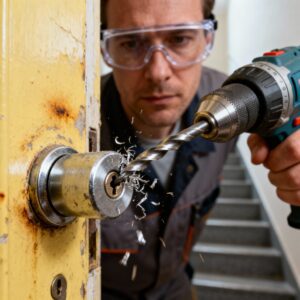 Ein Handwerker bohrt den silbernen Schließzylinder einer vernachlässigten Tür gewaltsam auf.