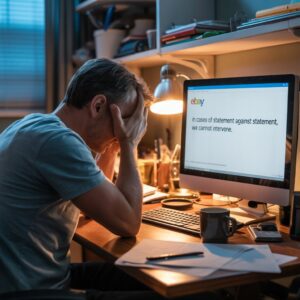 Ein frustrierter Verkäufer legt den Kopf in die Hände, nachdem er eine standardisierte, ablehnende Antwort vom Plattform-Support erhalten hat.