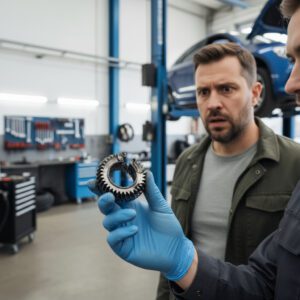 Ein Mechaniker in einer Werkstatt zeigt einem besorgten Autobesitzer ein kaputtes, öliges Zahnrad aus einem Getriebe.