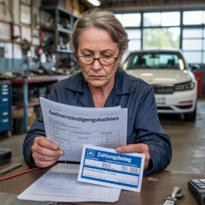 Eine kritisch blickende Werkstattleiterin hält einen Zahlungsbeleg neben ein Sachverständigengutachten, wobei die bezahlte Summe geringer ist als die geforderte.