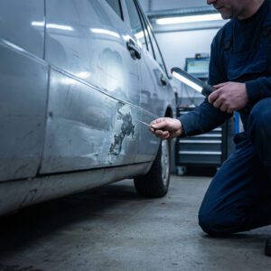 Ein Kfz-Sachverständiger untersucht kniend eine Karosseriestelle, an der neue Schäden schlecht reparierten Vorschaden offenlegen.