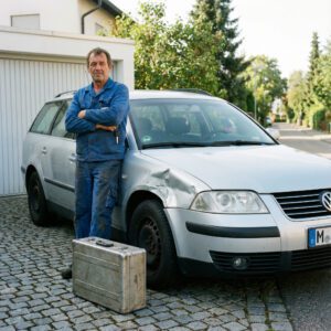 Fachmann in Arbeitskleidung begutachtet prüfend eine deformierte Karosserie neben einem Werkzeugkoffer in der Einfahrt.