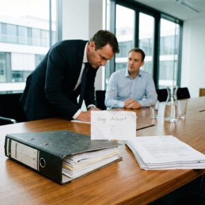 Anwalt blickt angespannt über einem Schreibtisch auf eine kleine Notiz der Versicherung, umgeben von formalen Akten.