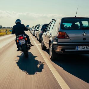 Abrupt ausschwenkender Golf kollidiert beinahe mit dem Vorderreifen eines dicht heranfahrenden Motorrads.
