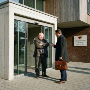 Ein breitbeiniger Senior versperrt mit verschränkten Armen einem Geschäftsmann den schmalen Eingang zur Seniorenresidenz.
