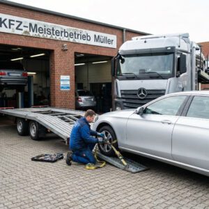 Ein Mechaniker sichert ein silbernes Fahrzeug mit Spanngurten auf der Laderampe eines Autotransporters.