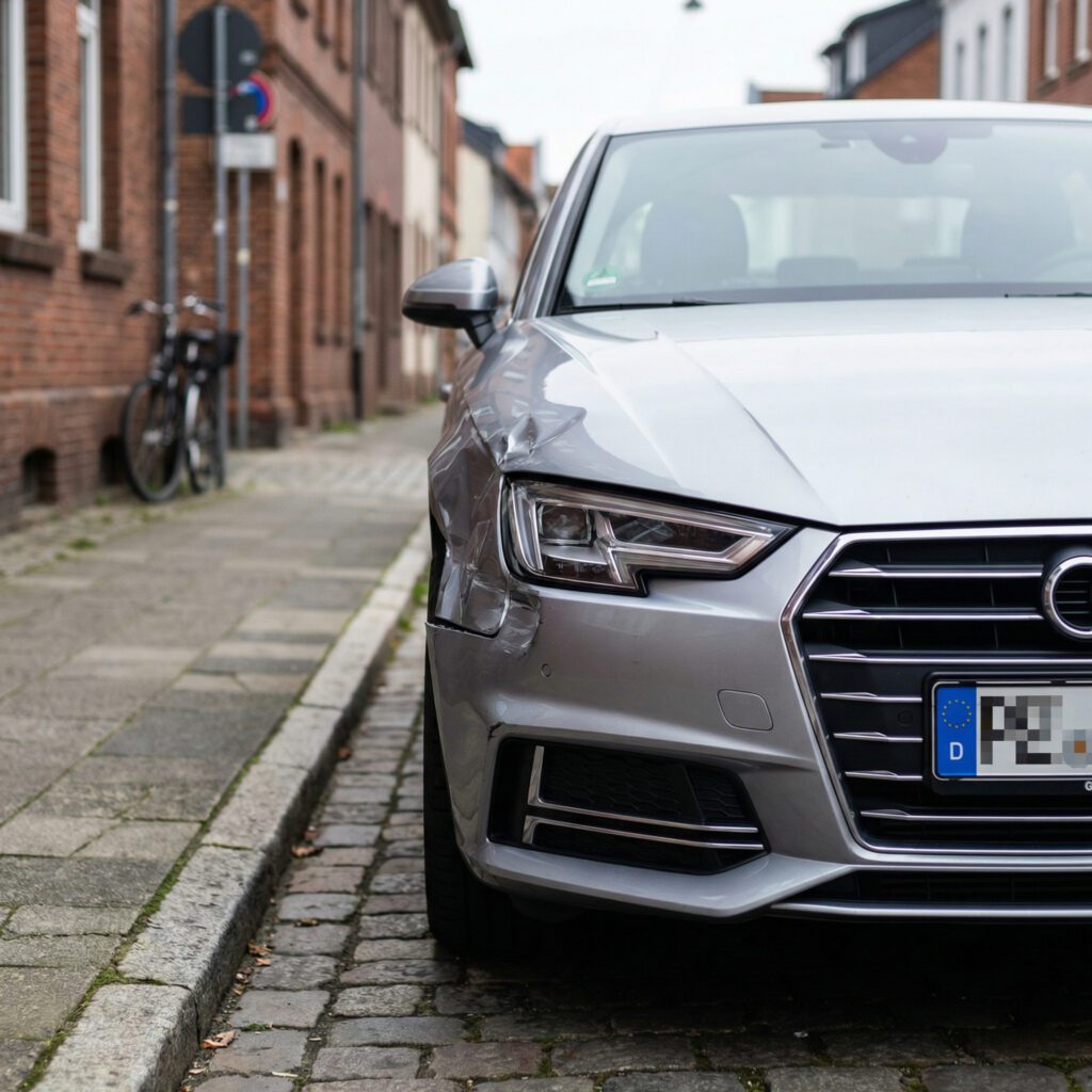 Tiefgehende Schramme und Delle am vorderen Kotflügel eines modernen Fahrzeugs mit silbernem Metalliclack.