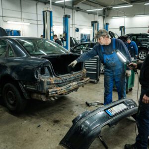 Mechaniker deutet auf massiv verbogene Längsträger am Heck, die unter der abmontierten Verkleidung hell ausgeleuchtet sind.