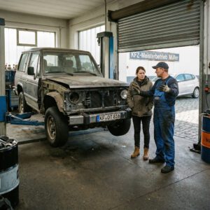 Frau und Mechaniker neben einem staubigen Geländewagen mit Karosserielücken auf einer Hebebühne in einer Kfz-Werkstatt.